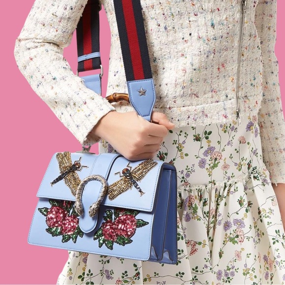 Gucci Handbags - Gucci Calfskin Bamboo Web Embroidered Medium Dionysus Top Handle Bag Light Blue